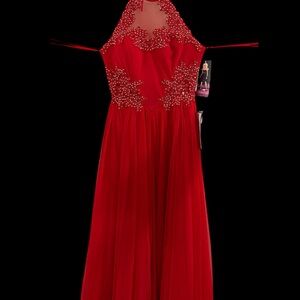 Blondie Nites Red Beaded Halter Prom Dress